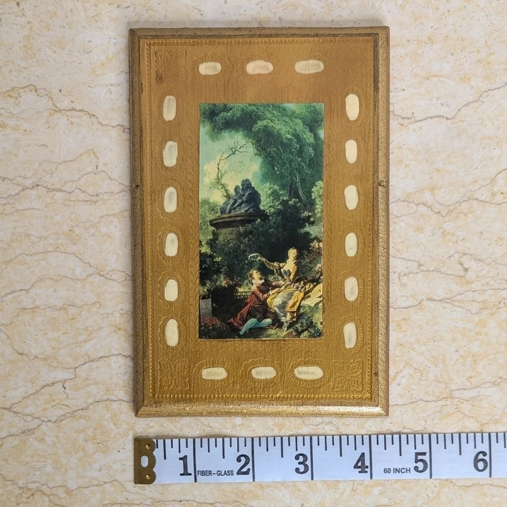 Vintage Italian Florentine Gold Gilt Pair Garden Scene Lady Portrait Wooden Art